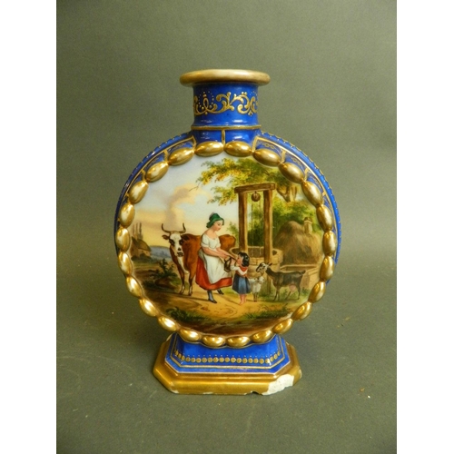 34 - A Continental porcelain blue ground flask with painted decoration of figures and animals in farmyard... 