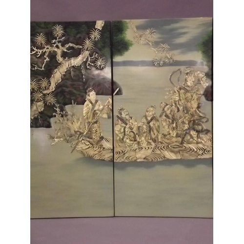 50F - A set of four Chinese lacquered panels decorated with the Eight Immortals crossing a river, inset wi... 