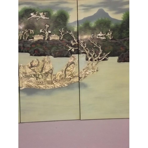 50F - A set of four Chinese lacquered panels decorated with the Eight Immortals crossing a river, inset wi... 