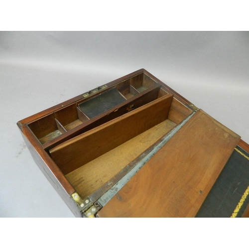 50G - A C19th mahogany writing slope with inset military style brass handles and secret drawer, 17