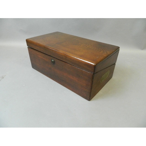 50G - A C19th mahogany writing slope with inset military style brass handles and secret drawer, 17