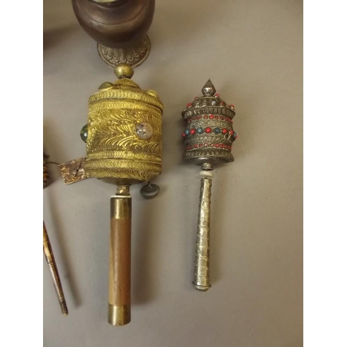 50T - A collection of Sino-Tibetan items to include four prayer wheels, largest 11½