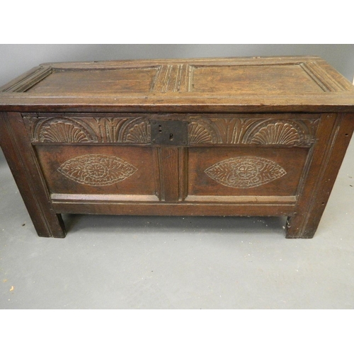 871 - A good late C17th oak panelled coffer of small proportions, with carved panels and frieze, panelled ... 