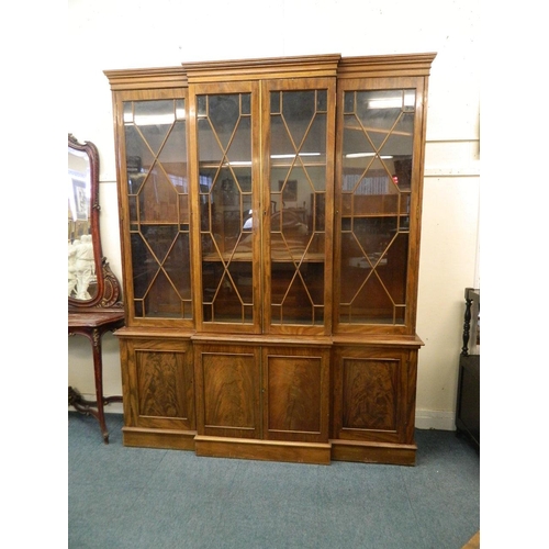 872 - A C19th figured mahogany breakfront four door bookcase, in two sections, with astragal glazed upper ... 