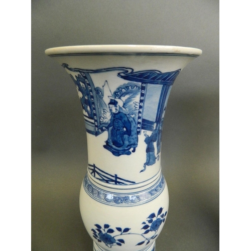 106 - A pair of Chinese blue and white porcelain Gu shaped vases decorated with scenes of an emperor and h... 