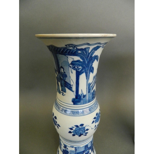 106 - A pair of Chinese blue and white porcelain Gu shaped vases decorated with scenes of an emperor and h... 