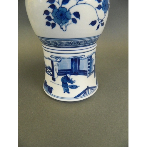 106 - A pair of Chinese blue and white porcelain Gu shaped vases decorated with scenes of an emperor and h... 