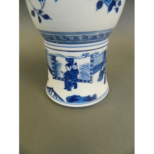 106 - A pair of Chinese blue and white porcelain Gu shaped vases decorated with scenes of an emperor and h... 