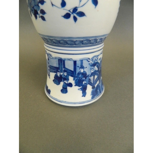 106 - A pair of Chinese blue and white porcelain Gu shaped vases decorated with scenes of an emperor and h... 