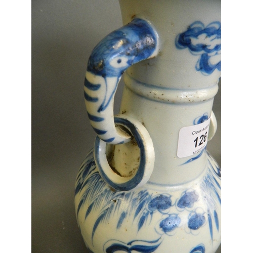 126 - A Chinese Ming style blue and white twin handled vase with painted decoration of a sage in a landsca... 