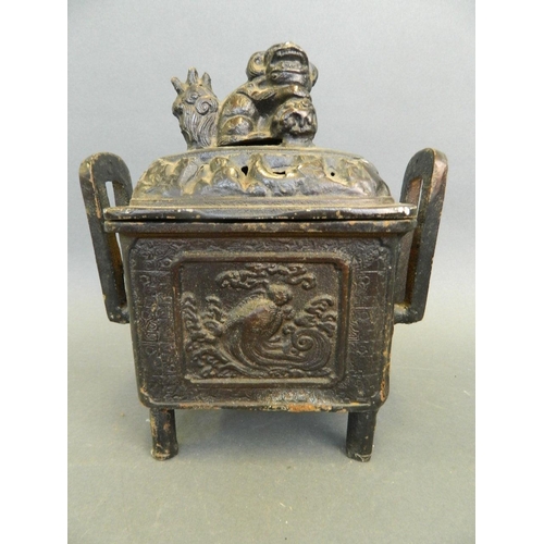 133 - A Chinese cast iron incense burner with twin handles and Fo dog knop, 9