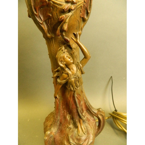 150H - An Art Nouveau style cold painted spelter vase, converted to a lamp, 15