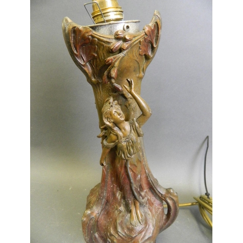 150H - An Art Nouveau style cold painted spelter vase, converted to a lamp, 15