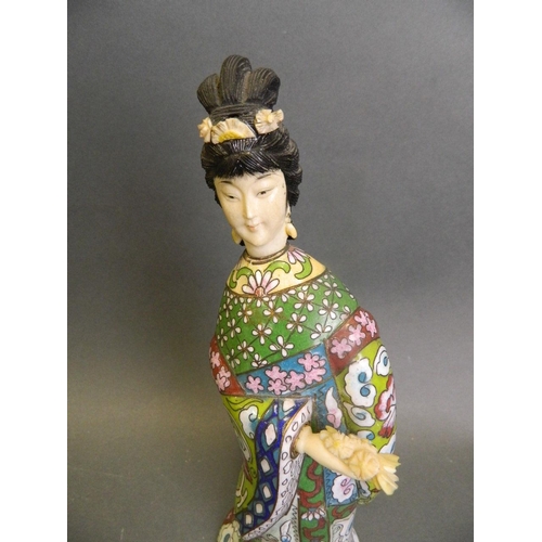 150T - A Chinese cloisonné enamel figure with bone hand and head, 11