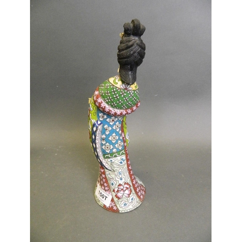 150T - A Chinese cloisonné enamel figure with bone hand and head, 11