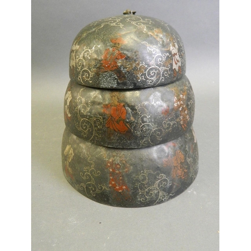 160 - Three Tibetan graduated temple bells with enamel decoration of seven figures, largest 8