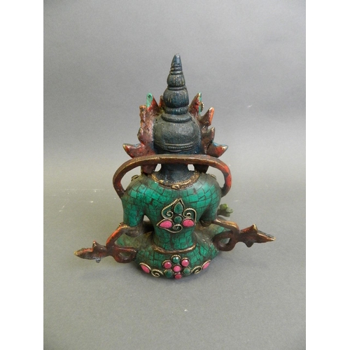 163 - A Sino-Tibetan bronze figure of Buddha set with semi-precious stones and turquoise style resin shard... 