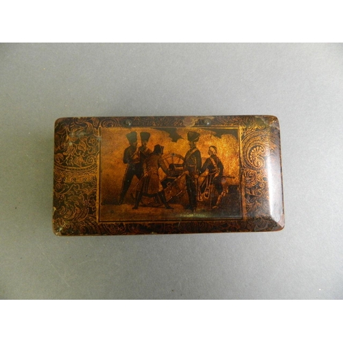 181 - A C19th lacquer on foil box decorated with Napoleon and his gun crew with a canon, 5