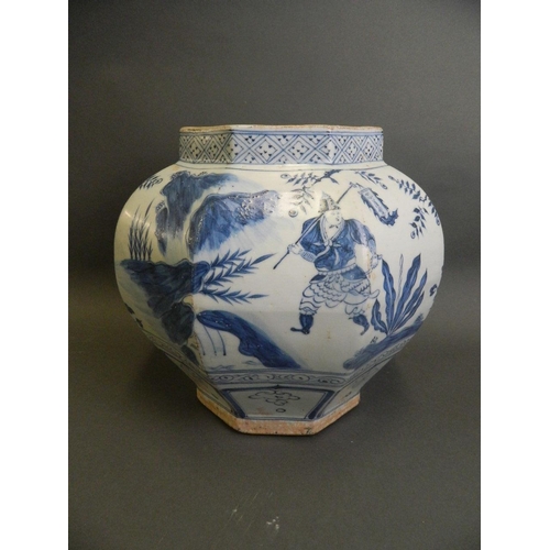 183 - A Chinese Ming style blue and white pottery jardinière of octagonal form decorated with an emperor a... 