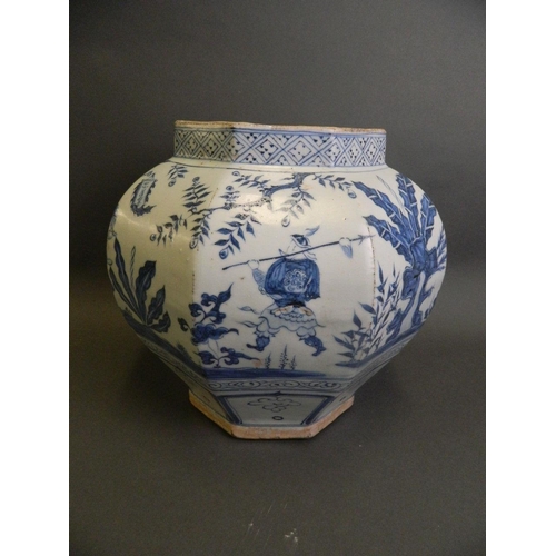 183 - A Chinese Ming style blue and white pottery jardinière of octagonal form decorated with an emperor a... 