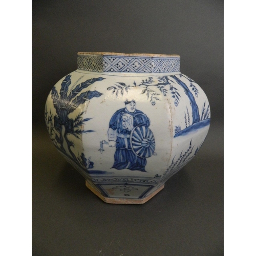 183 - A Chinese Ming style blue and white pottery jardinière of octagonal form decorated with an emperor a... 