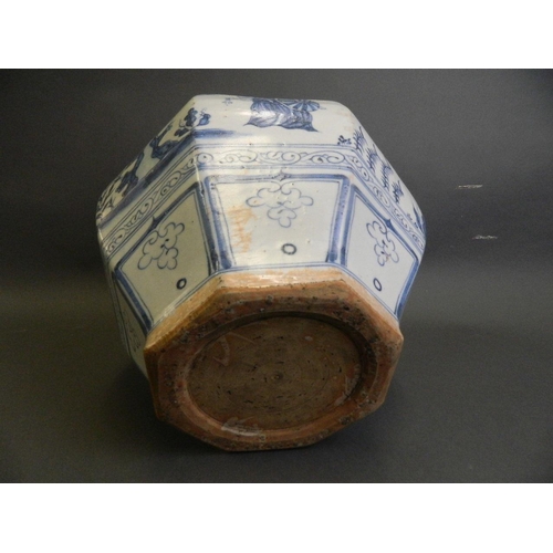 183 - A Chinese Ming style blue and white pottery jardinière of octagonal form decorated with an emperor a... 