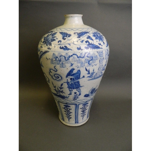 195 - A large Chinese Ming style blue and white pottery meiping vase with painted decoration of an emperor... 