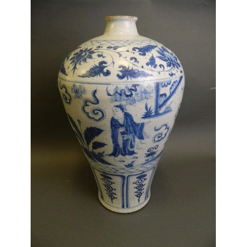 195 - A large Chinese Ming style blue and white pottery meiping vase with painted decoration of an emperor... 