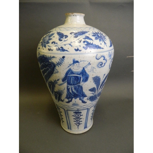 195 - A large Chinese Ming style blue and white pottery meiping vase with painted decoration of an emperor... 