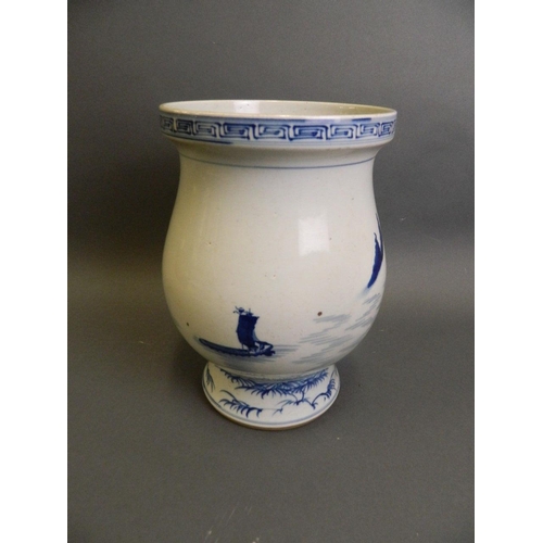 202 - A Chinese blue and white porcelain footed vase decorated with an extensive riverside village, 6 char... 