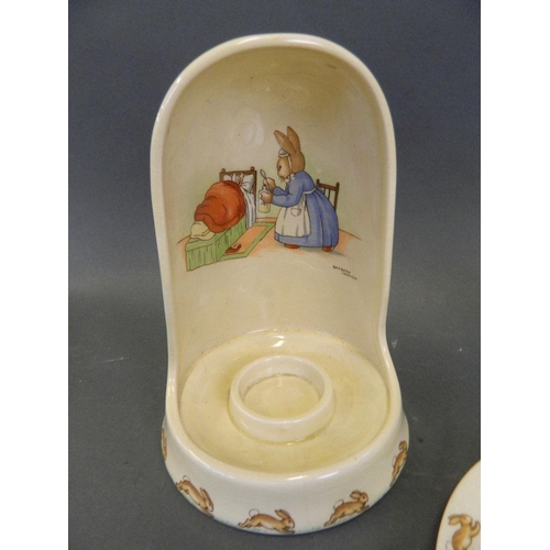 225 - A quantity of Royal Doulton 'Bunnykins' china to include a teapot and night light holder (jug AF)