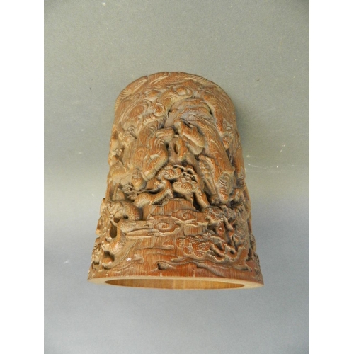 227 - A Chinese bamboo brush pot with carved decoration of immortals and their acolytes, 6