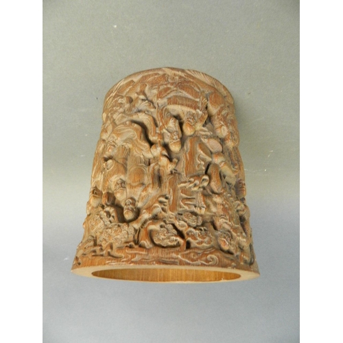 227 - A Chinese bamboo brush pot with carved decoration of immortals and their acolytes, 6