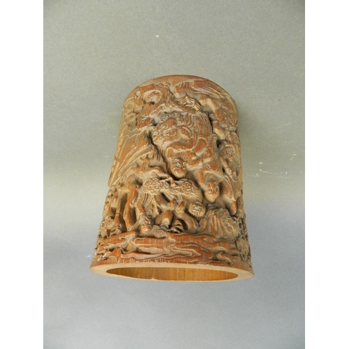 227 - A Chinese bamboo brush pot with carved decoration of immortals and their acolytes, 6