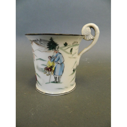 233 - An early C20th Soviet Russian enamelled porcelain beaker with painted decoration of a dancing couple... 