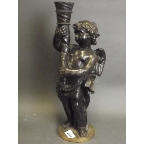 250Q - A pair of late C19th/early C20th bronze lamps in the form of cherubs bearing cornucopia, 15½