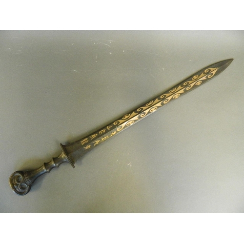 251 - A Chinese archaic style bronze sword with inlaid mixed metal scrolling decoration, 8 character mark ... 