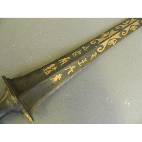 251 - A Chinese archaic style bronze sword with inlaid mixed metal scrolling decoration, 8 character mark ... 