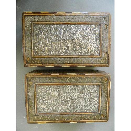 252 - A near pair of Middle Eastern sandalwood boxes with ivory banding and profuse micro-mosaic decoratio... 