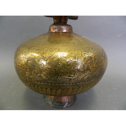 273 - A C19th Benares brass pot with coppered metal neck and engraved decoration of Ganesha with acolytes,... 