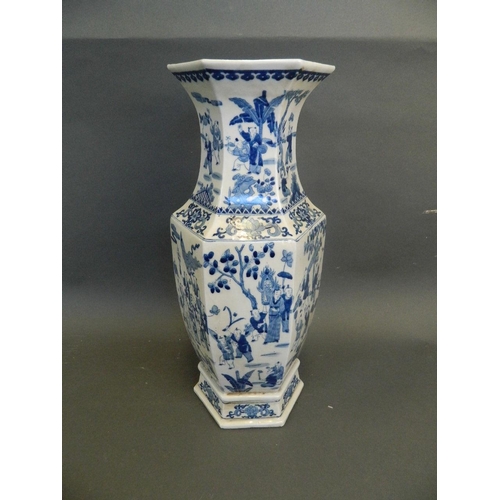 274 - A Chinese blue and white porcelain vase of hexagonal form decorated with figures in procession, 6 ch... 