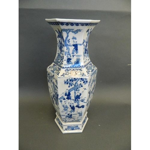 274 - A Chinese blue and white porcelain vase of hexagonal form decorated with figures in procession, 6 ch... 