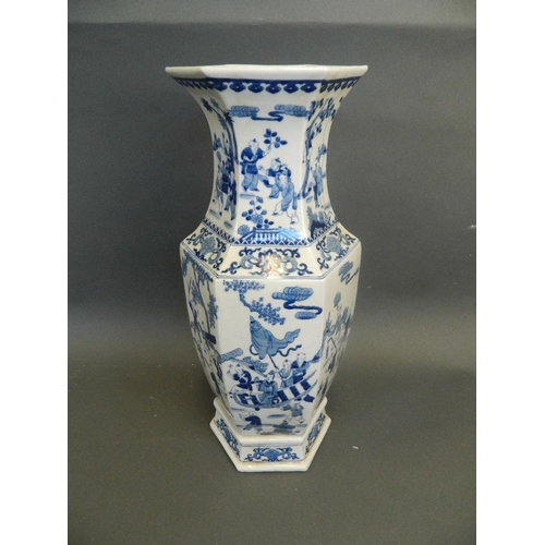 274 - A Chinese blue and white porcelain vase of hexagonal form decorated with figures in procession, 6 ch... 