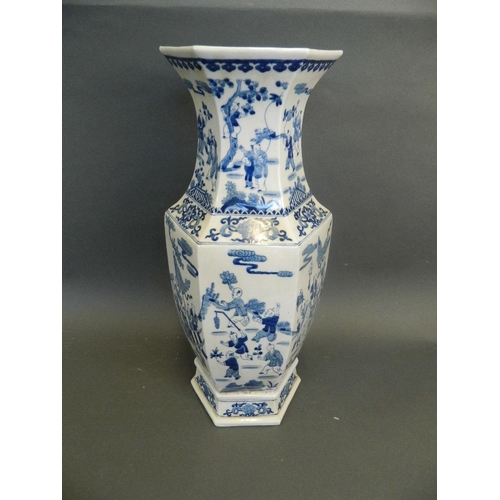 274 - A Chinese blue and white porcelain vase of hexagonal form decorated with figures in procession, 6 ch... 