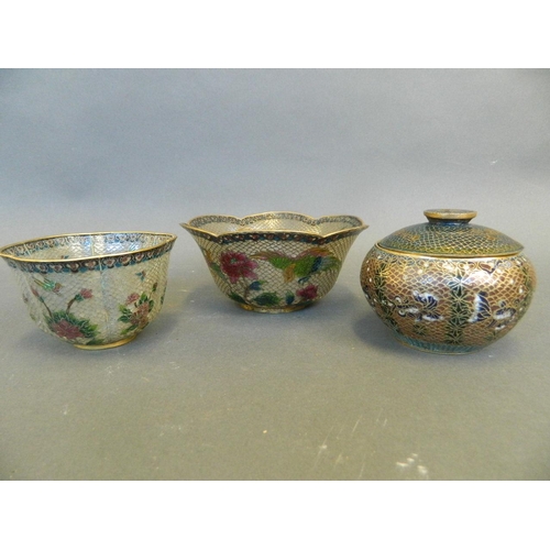 278 - Two leaf pattern plique-à-jour bowls with floral and bird decoration, together with a similar lidded... 