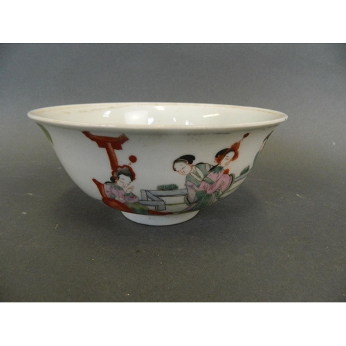 291 - A Chinese polychrome enamel rice bowl decorated with women in a garden, 4 character mark to base, 6½... 