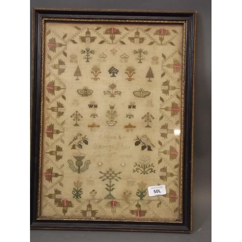 50L - A mid C19th sampler with butterflies and birds within a stylised floral border, 'done by Agness Hill... 