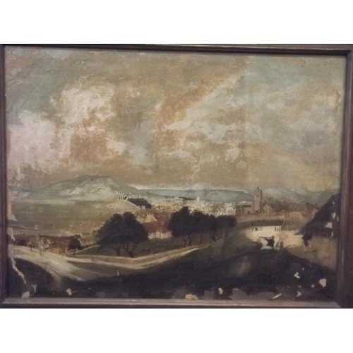 625L - A C19th oil on canvas, naïve landscape with seaport and figures looking out to sea, unsigned, 24