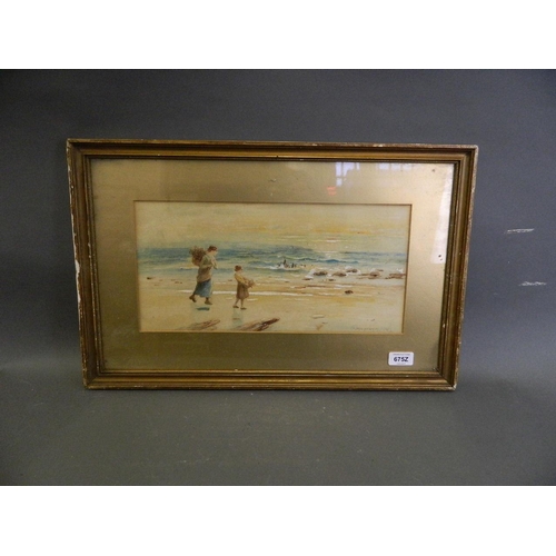 625Z - A C19th watercolour, beach scene with a woman and young girl, signed indistinctly 'Eugene(?) Mes...(... 