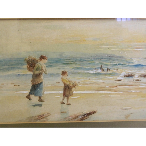 625Z - A C19th watercolour, beach scene with a woman and young girl, signed indistinctly 'Eugene(?) Mes...(... 